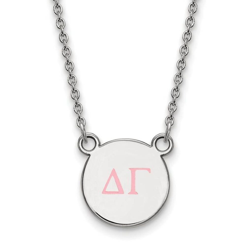 Sterling Silver Delta Gamma Small Pink Enamel Greek Letters Necklace